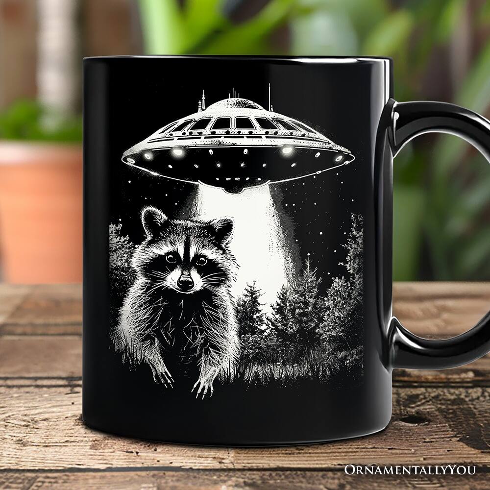 Back. OrnamentallyYou - Funny UFO Raccoon Mug, Alien Gift - Black.