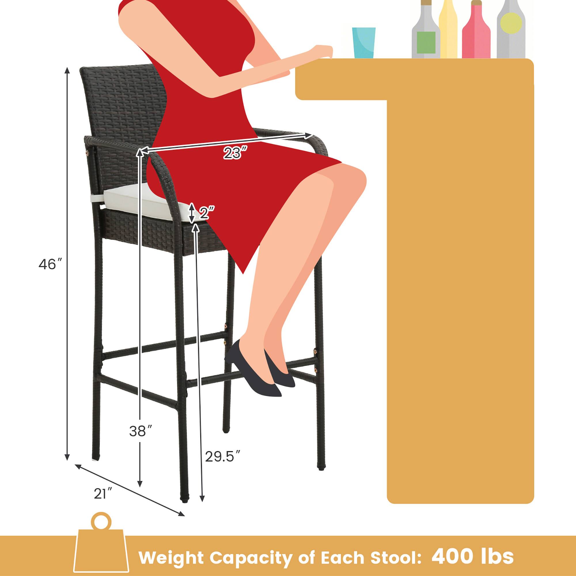 The dimensions of the stool are as follows:

- Height: 46"
- Seat Height: 29.5"
- Back Height: 38"
- Seat Depth: 21"
- Back Width: 23"
- Armrest Height: 2"

The weight capacity of each stool is 400 lbs.