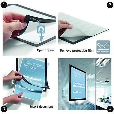 1. Open frame
2. Remove protective film
3. Insert document
4. NON-PERMANENT

CONFERENCE ROOM III
International Meeting
10:00 a.m.

CONFERENCE ROOM III
International Sales Meeting
10:00 a.m.