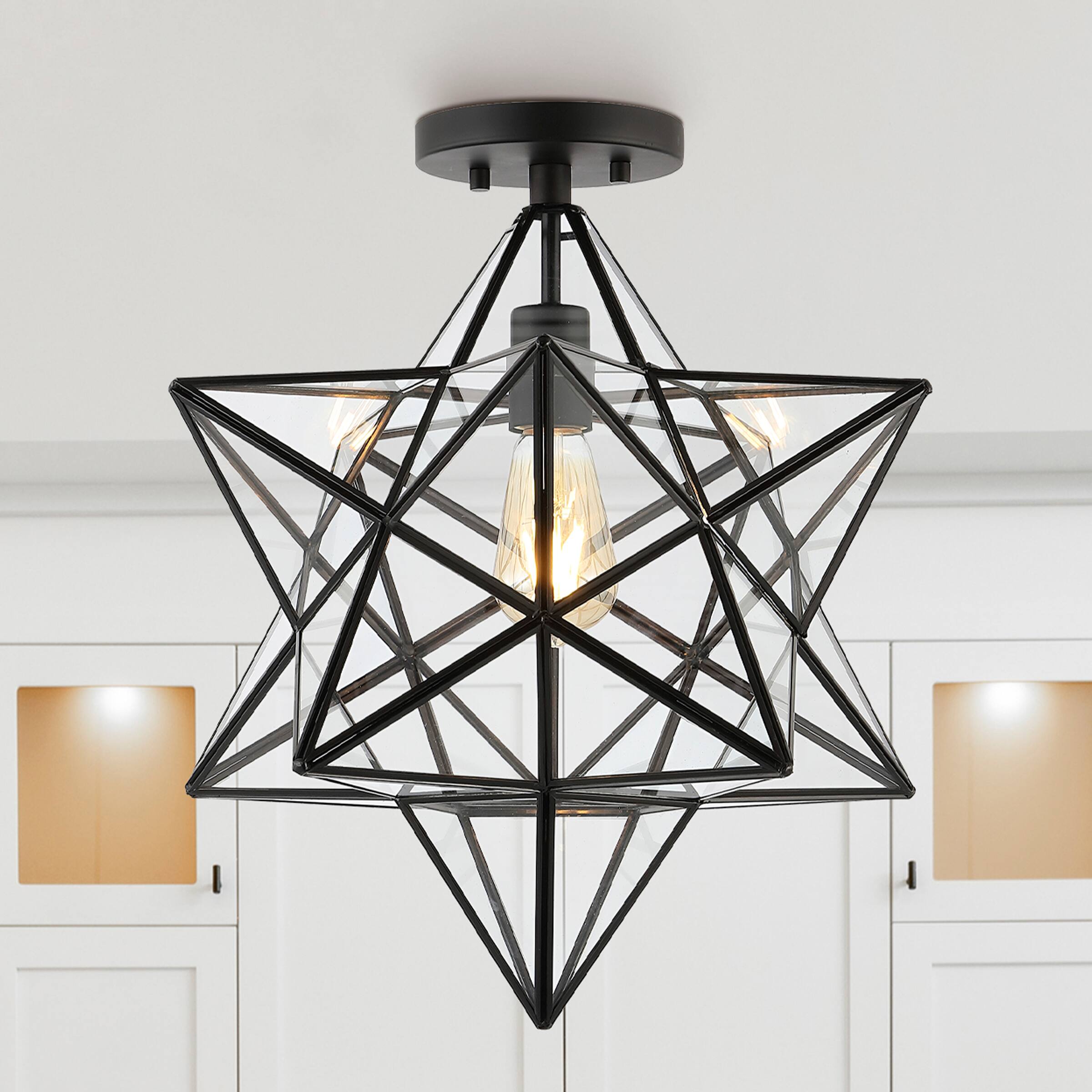 Alt View 1. Jonathan Y - Ava 14.5" 1-Light Farmhouse Bohemian Iron/Glass LED Semi Flush Mount, Black/Clear - Black.