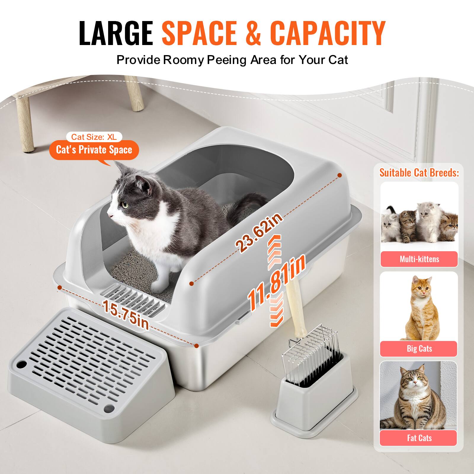 LARGE SPACE & CAPACITY: Provide Roomy Peeing Area for Your Cat

Cat Size: XL

Cat's Private Space

Suitable Cat Breeds:
- Multi-Kittens
- Big Cats
- Fat Cats

Dimensions:
- Length: 23.62 in
- Width: 15.75 in
- Height: 11.81 in