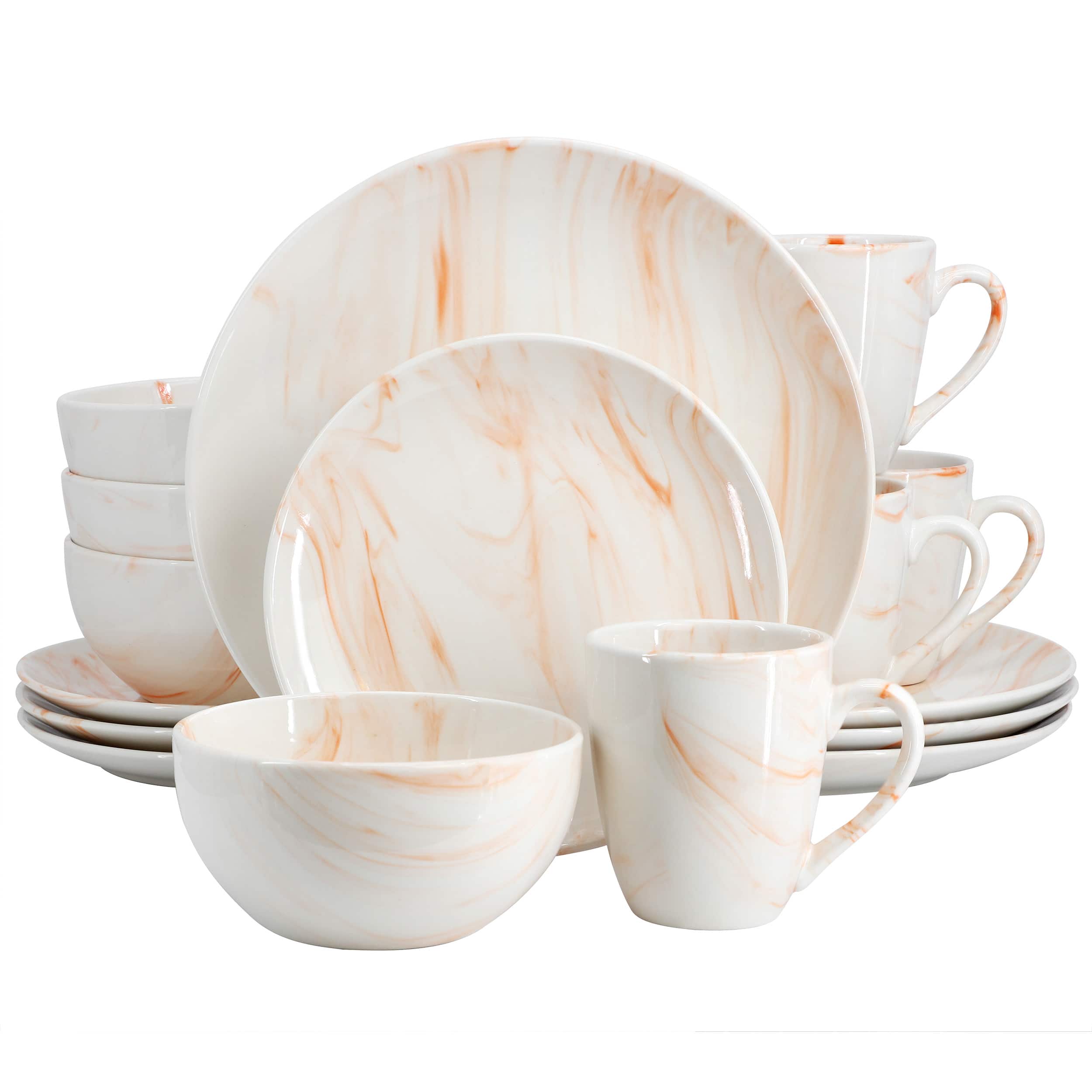 Elama - Fine Marble 16 Piece Porcelain Dinnerware Set - Orange