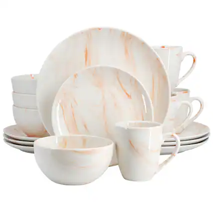 Front. Elama - Elama Fine Marble 16 Piece Porcelain Dinnerware Set in Orange - Orange.
