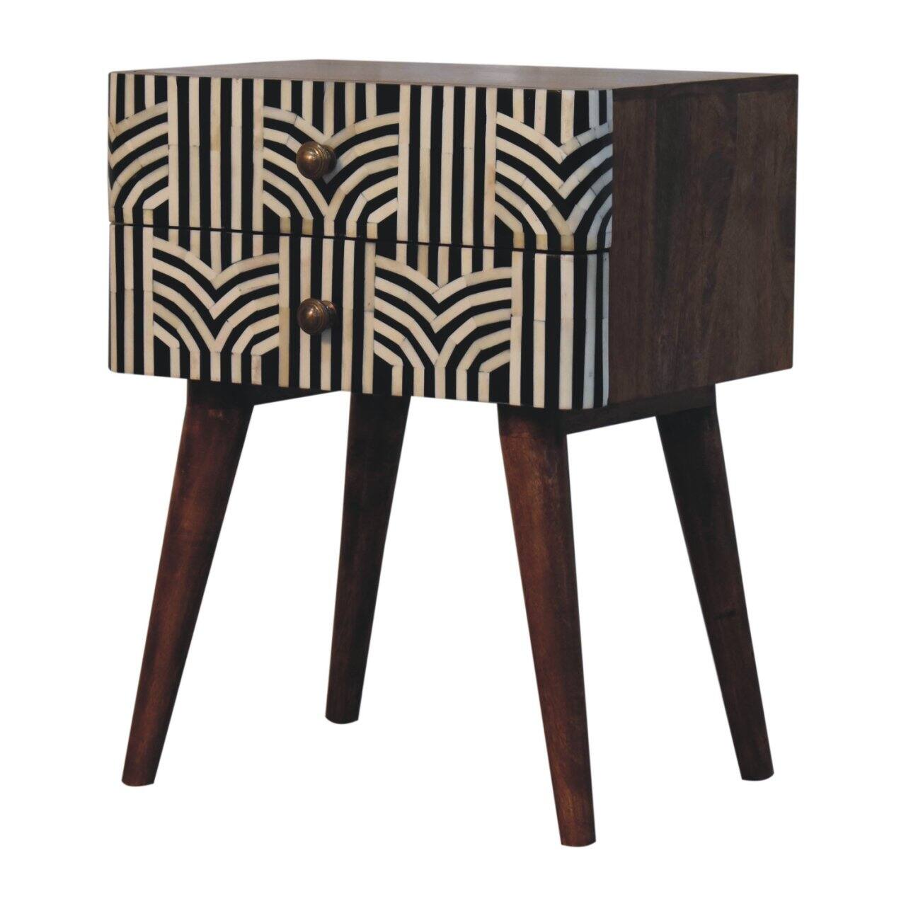 Left. Artisan Furniture - Artisan Furniture Solid Wood Honey Caramel Edessa Bone Inlay Bedside, 2 Drawers, Nordic Legs, Black and White - Caramel.