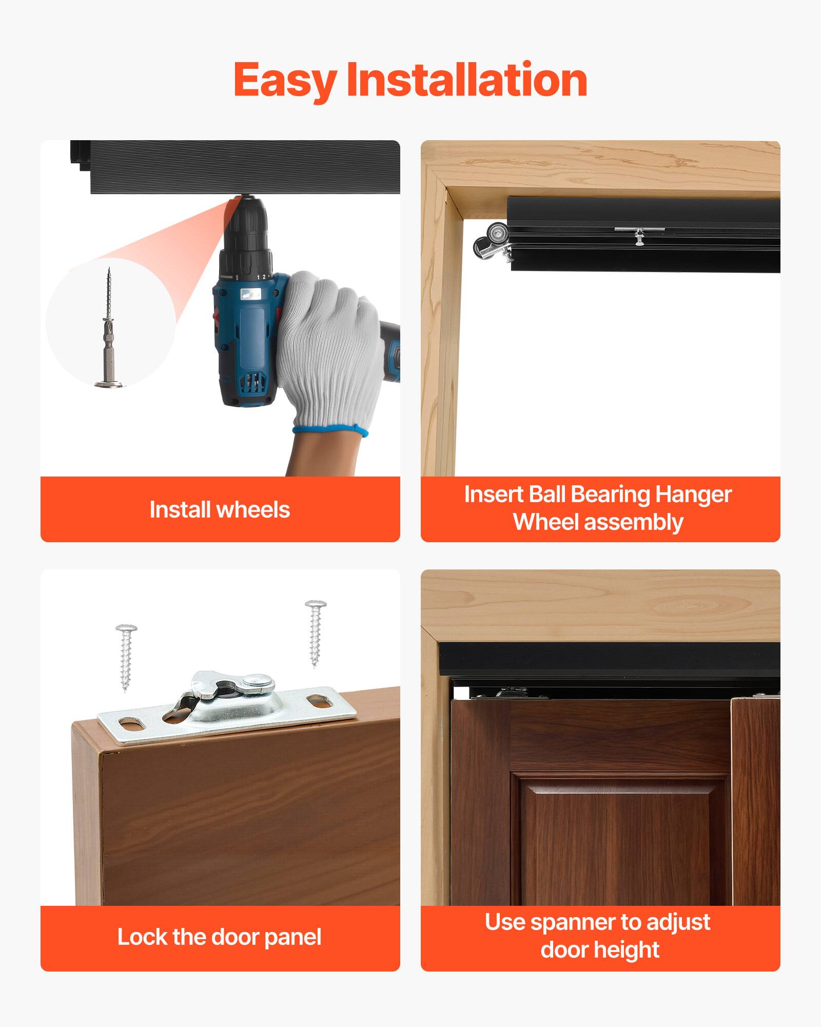 Easy Installation

1. Install wheels
2. Insert Ball Bearing Hanger Wheel assembly
3. Lock the door panel
4. Use spanner to adjust door height