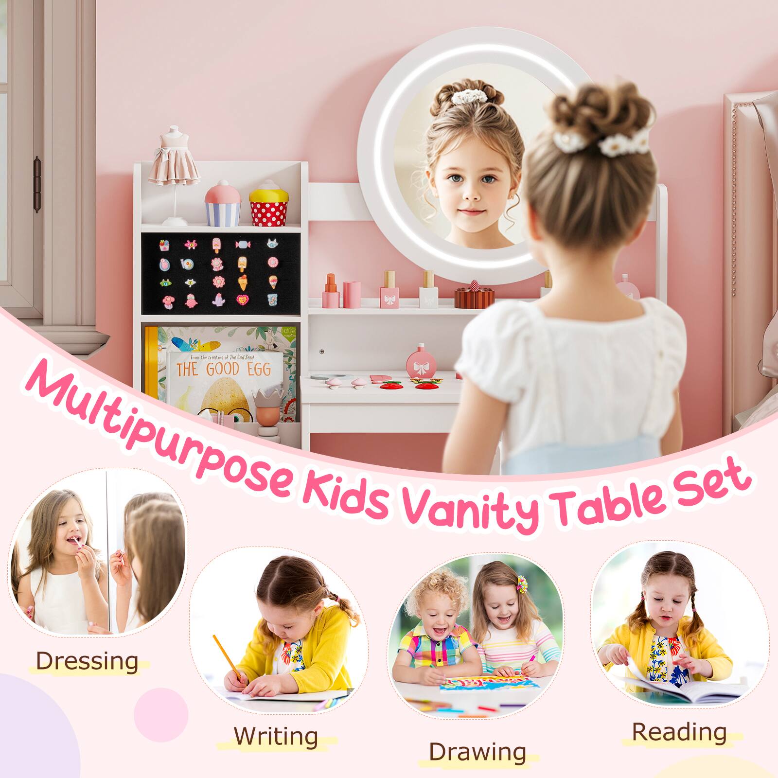 - 1 o.. a de Aario - dar THE GOOD EGG Multipurpose Kids Vanity Table Set Dressing Writing Drawing Reading