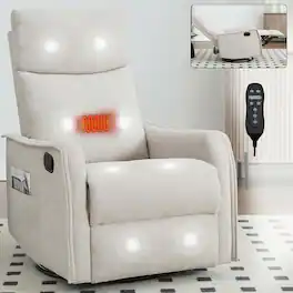 Kadyn - Fabric Heat Massage Recliner Chair, 8 Vibration Modes & Lumbar Heat, Rocker Swivel - Beige