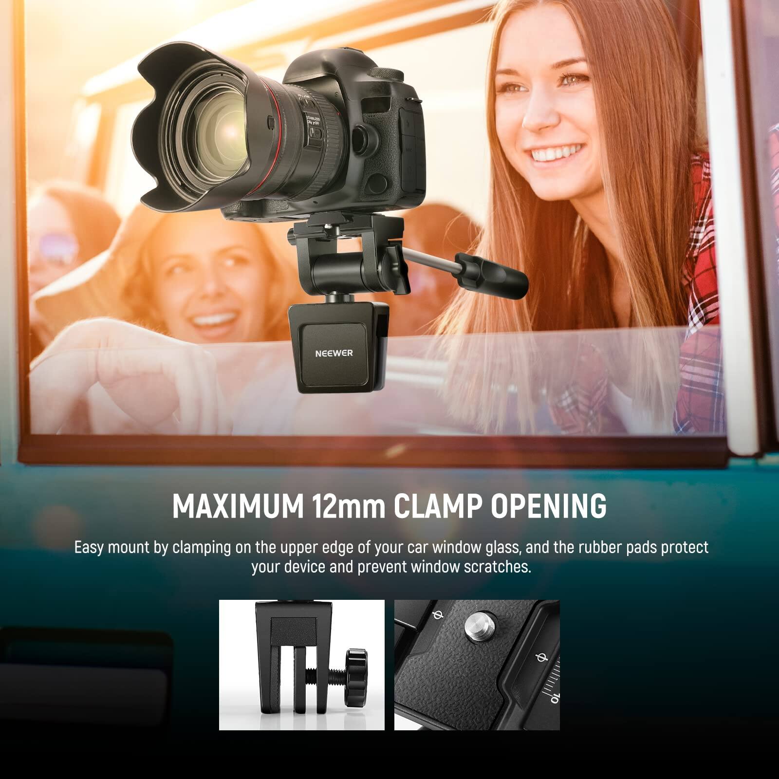 - 1 NCCWER MAXIMUM 12mm CLAMP OPENING
- Easy mount by clamping on the upper edge of your car window glass, and the rubber pads protect your device and prevent window scratches.
