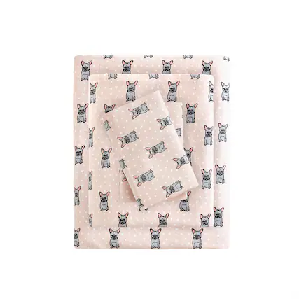 Front. Gracie Mills - Gracie Mills Persephone Cotton Flannel Sheet Set - Pink French Bulldog.