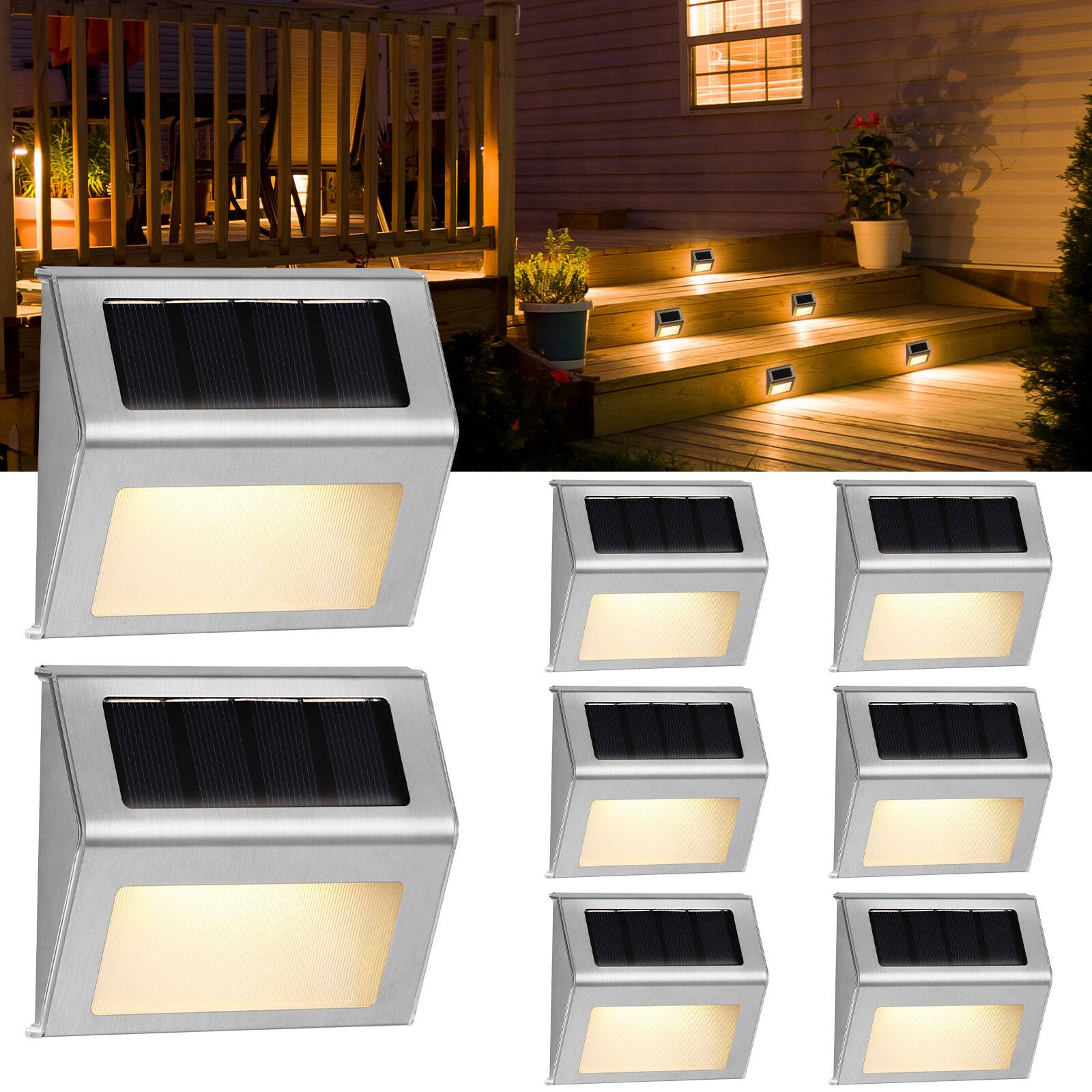 Angle. Oumilen - 8 Pack Stainless Steel Solar Step Lights – Warm White 6-LED Outdoor Stair Deck Lights for Patio Fence.