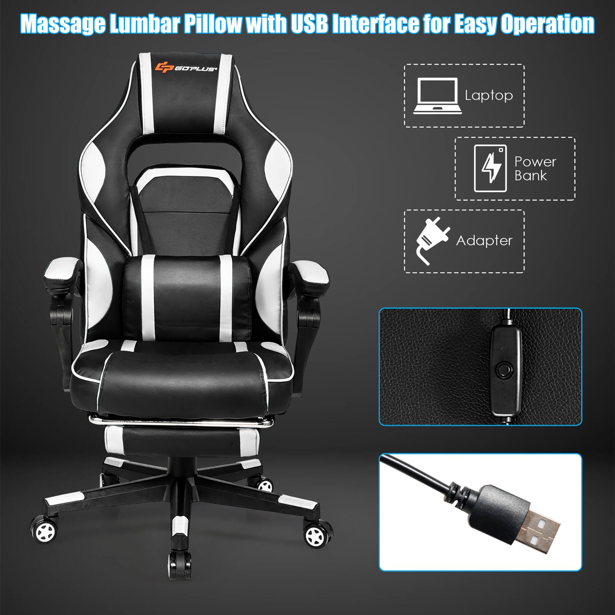 The text on the image is grouped and corrected as follows:

"Massage Lumbar Pillow with USB Interface for Easy Operation G B0PLUS Laptop Power Bank Adapter."