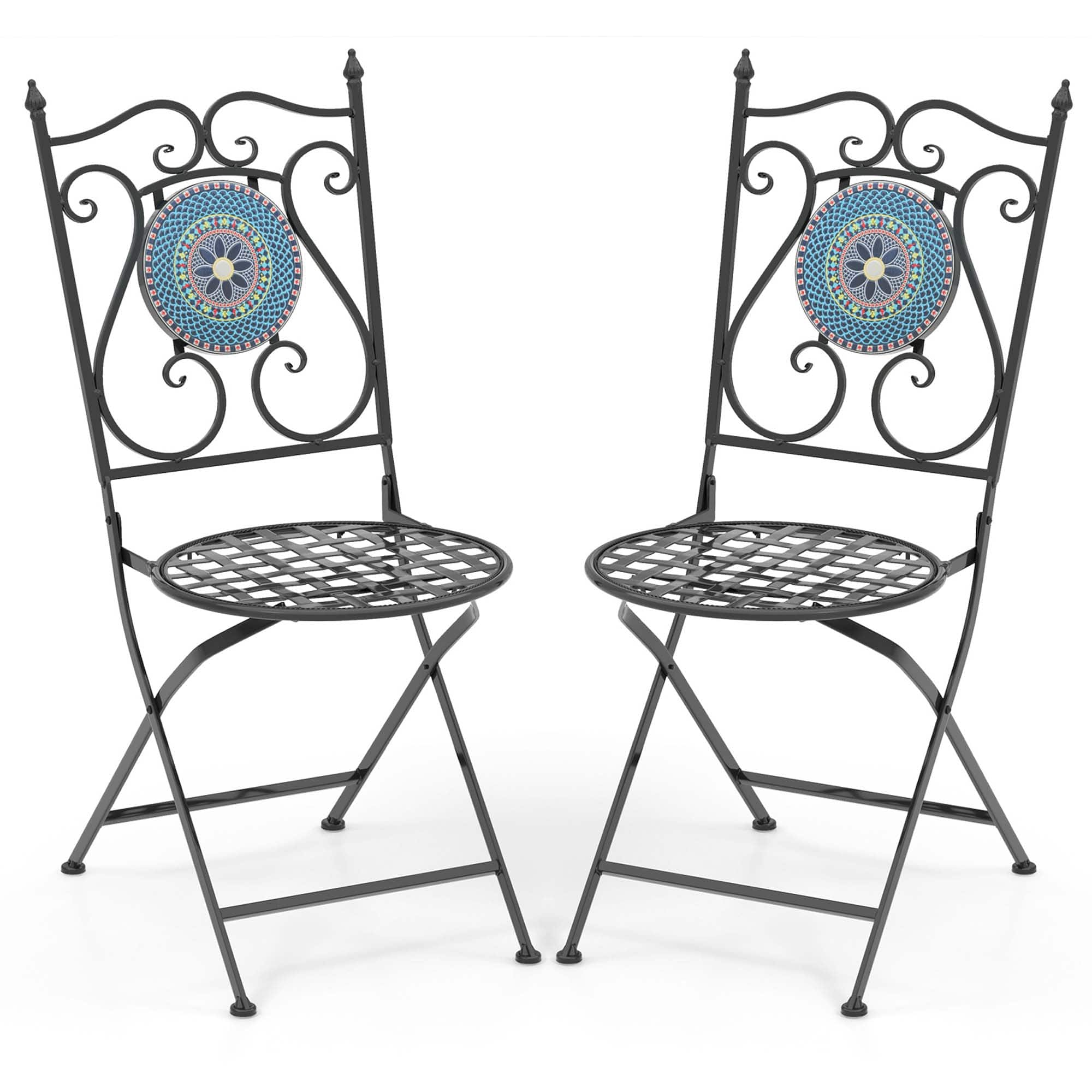 Front. Costway - Set of 2 Mosaic Chairs for Patio with Decorative Backrest Heavy-Duty Frame - Black.
