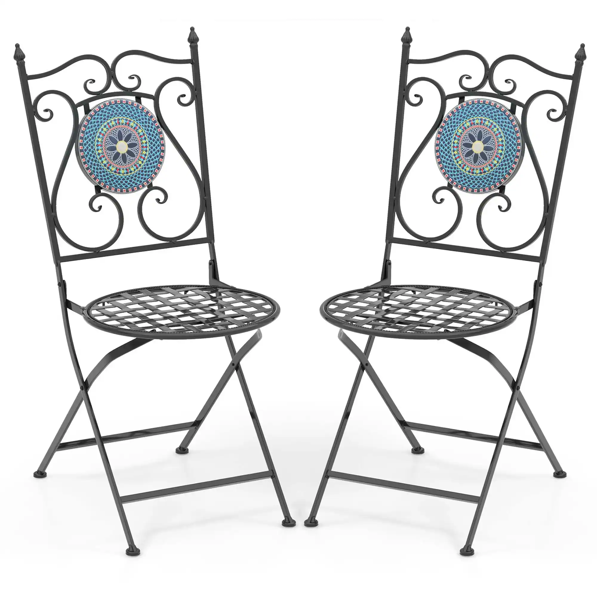 Front. Costway - Set of 2 Mosaic Chairs for Patio with Decorative Backrest Heavy-Duty Frame - Black.