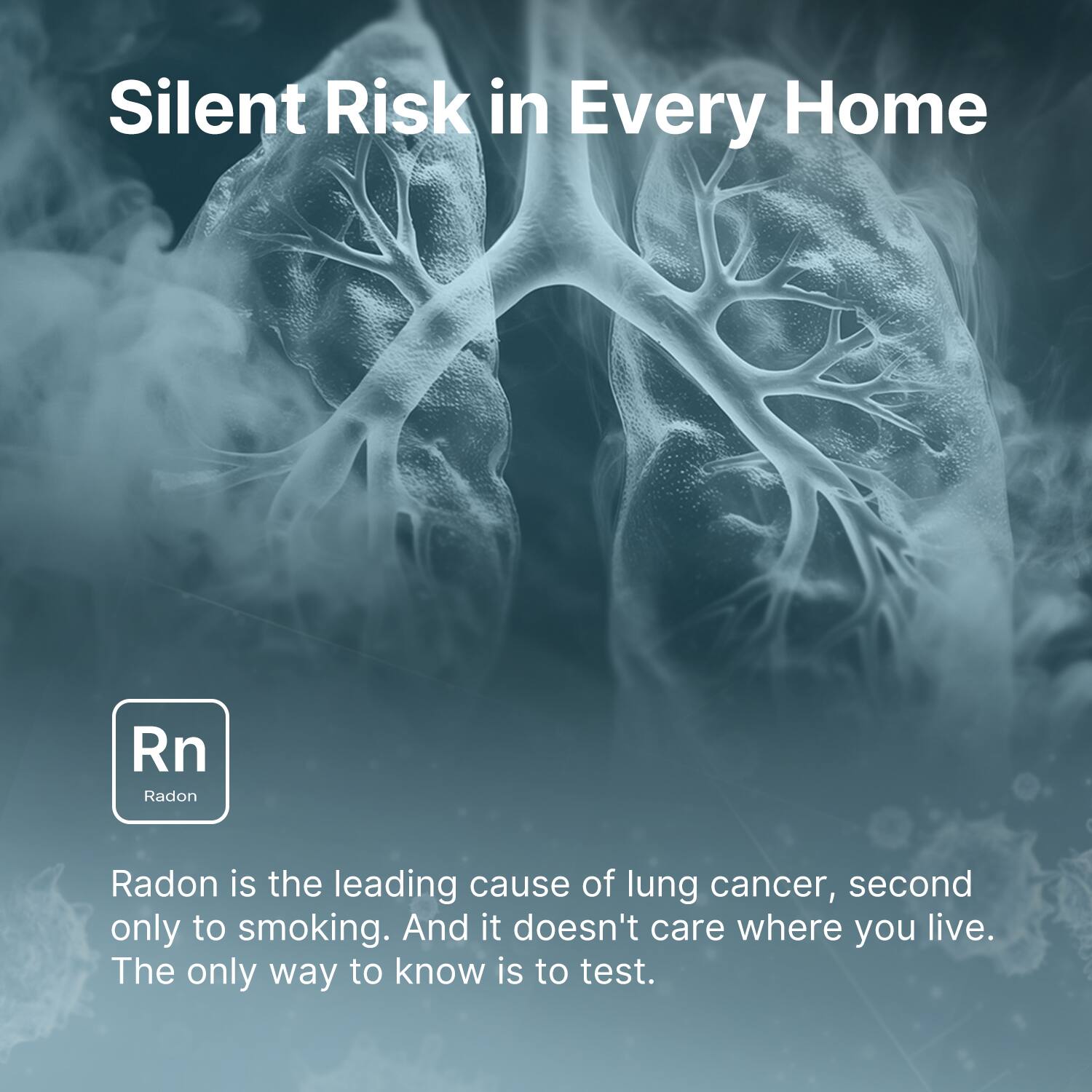 Silent Risk in Every Home

Rn Radon

Radon is the leading cause of lung cancer, second only to smoking. And it doesn't care where you live. The only way to know is to test.