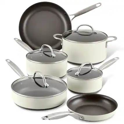 Front. Anolon - Anolon 85116 10-Piece Achieve Hard Anodized Nonstick Cookware Set - Cream - Cream.