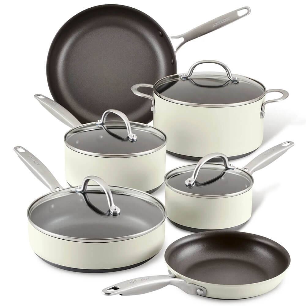Front. Anolon - Anolon 85116 10-Piece Achieve Hard Anodized Nonstick Cookware Set - Cream - Cream.