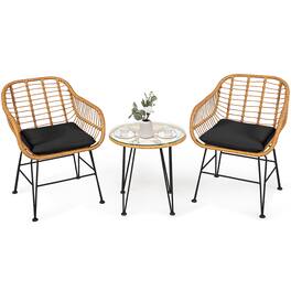 Costway - 3PCS Patio Rattan Bistro Furniture Set Cushioned Chair Table - Black