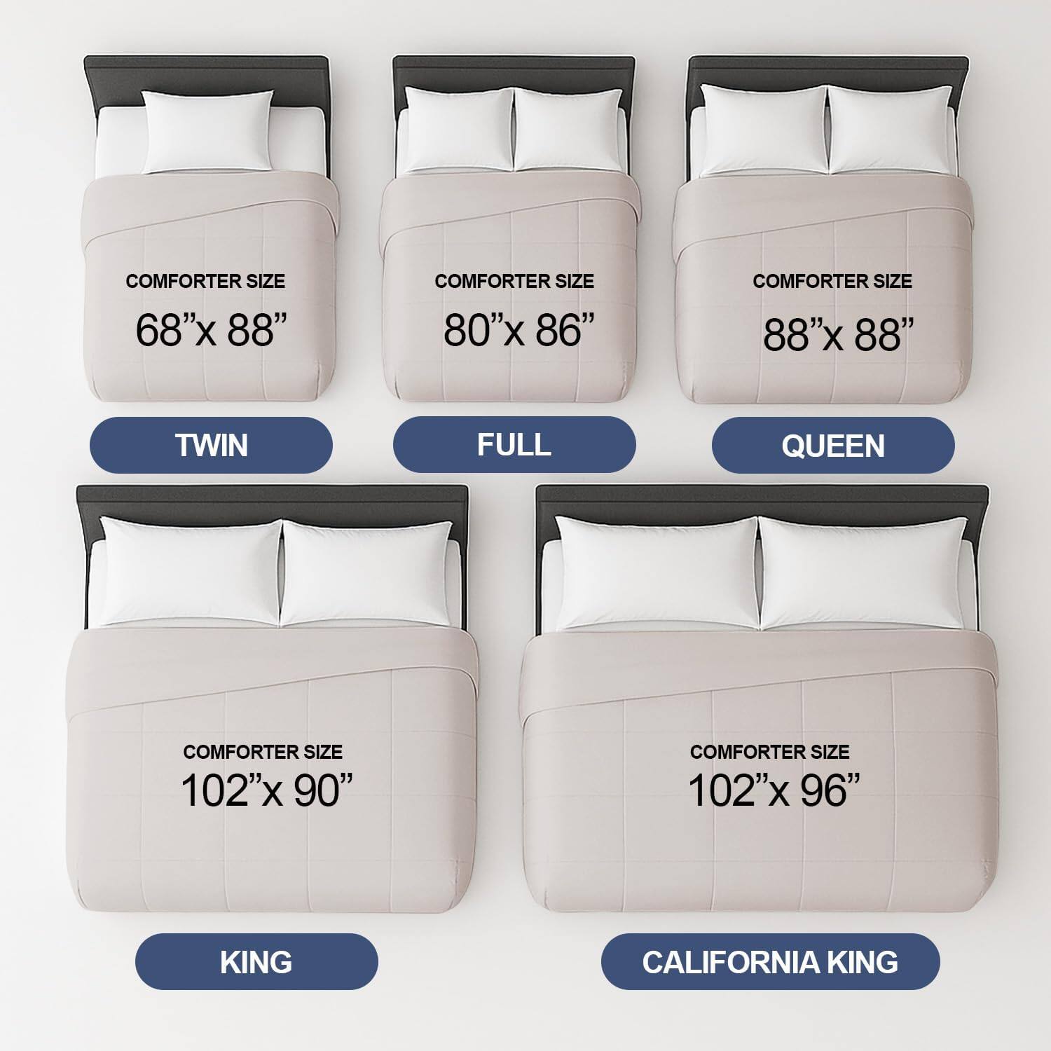 COMFORTER SIZE 68"x 88"  
COMFORTER SIZE 80"x 86"  
COMFORTER SIZE 88"x 88"  
COMFORTER SIZE 102"x 90"  
COMFORTER SIZE 102"x 96"  

TWIN  
FULL  
QUEEN  
KING  
CALIFORNIA KING