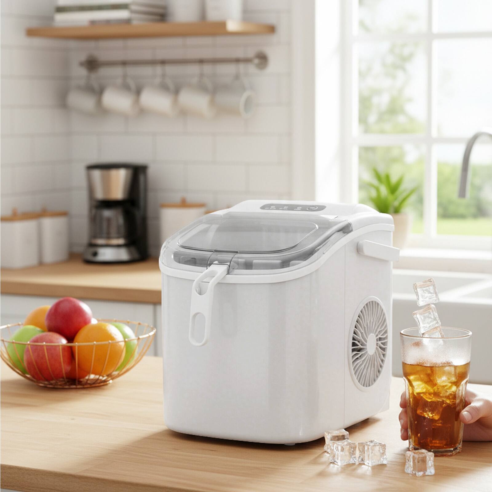Angle. LHRIVER - Portable Countertop Ice Maker with Carrying Handle and Scoop, 9 Ice Cubes in 6 Minutes, 26 lbs Daily Output - White.