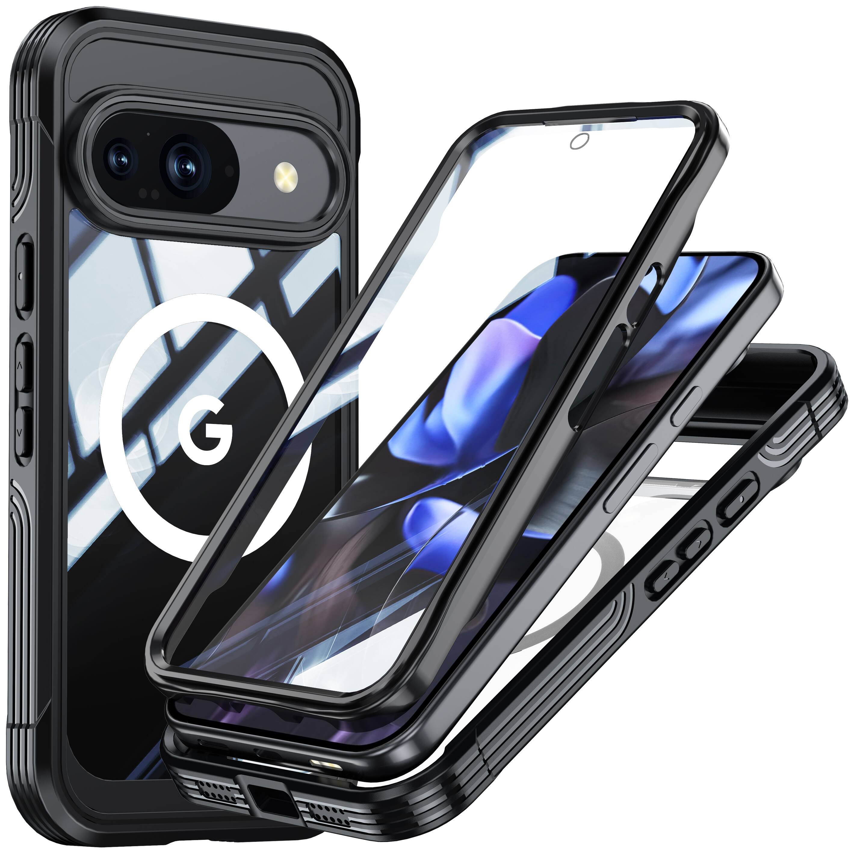 Front. Dteck - 360 Full-Body Case for Google Pixel 10 Pro with Built-in Screen Protector, Magnetic Rugged Shockproof Protective Cover - Black.
