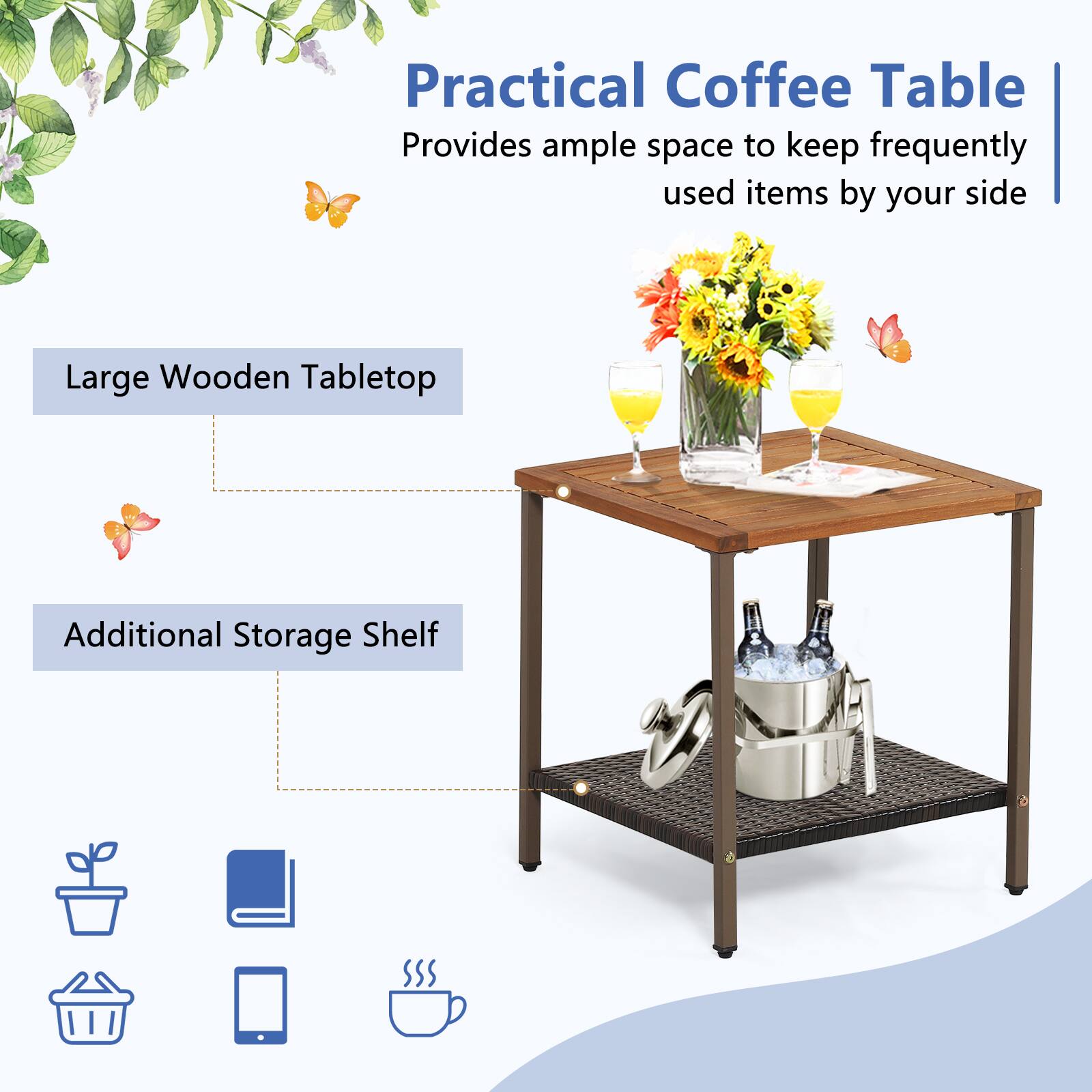Practical Coffee Table  
Provides ample space to keep frequently used items by your side  

Large Wooden Tabletop  
Additional Storage Shelf