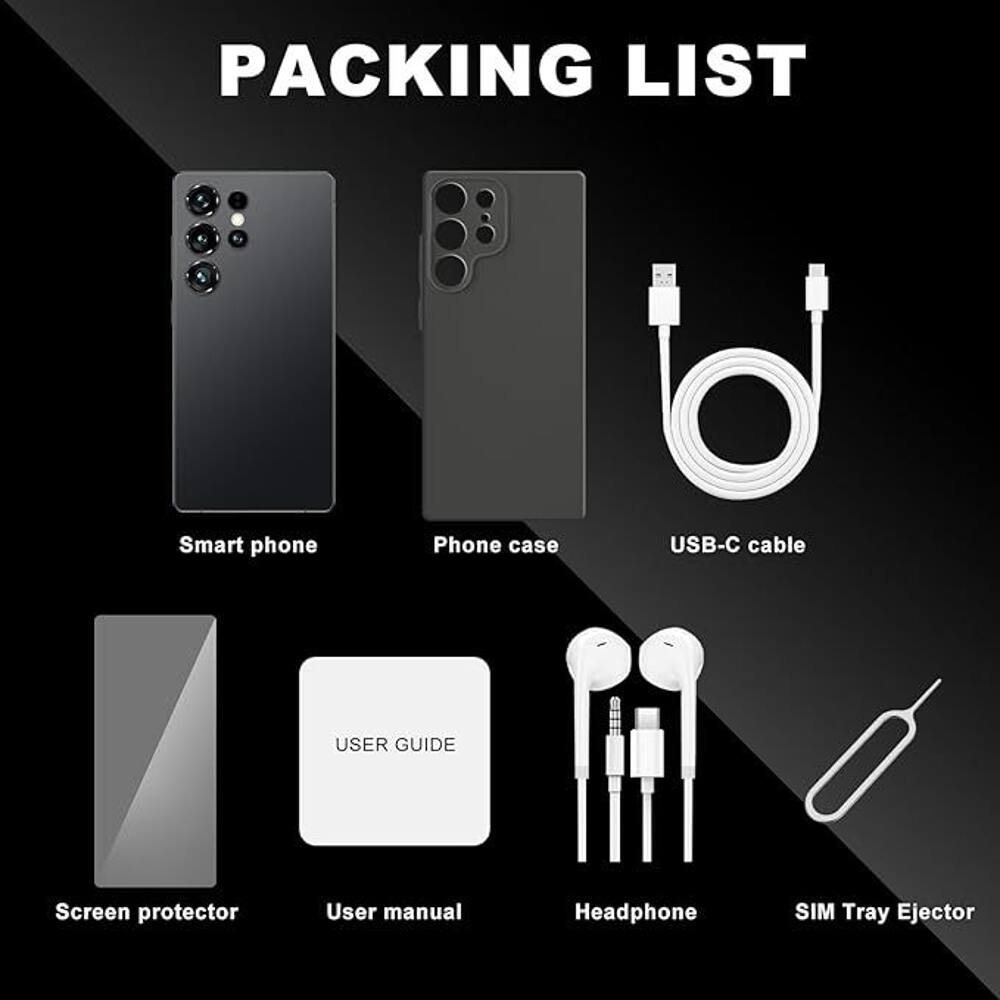 PACKING LIST

- Smart phone
- Phone case
- USB-C cable
- Screen protector
- User manual
- Headphone
- SIM Tray Ejector
- USER GUIDE