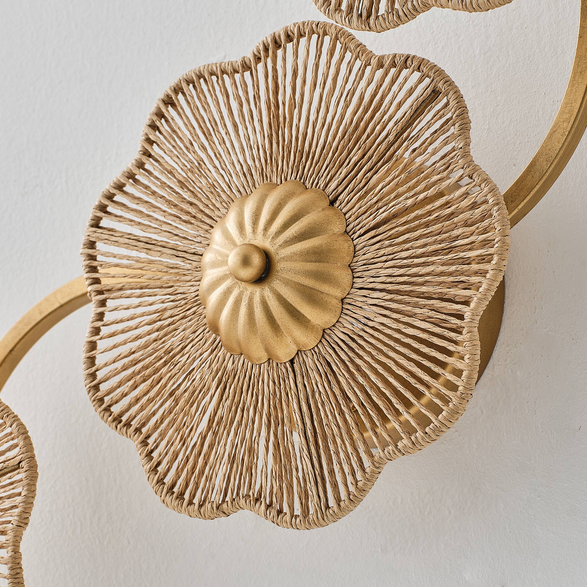 Alt View 7. Parrot Uncle - Antique Gold Modern Farmhouse Hand-Woven Raffia Rope Three Flower-Shaped LED Wall Lamp - Gold.