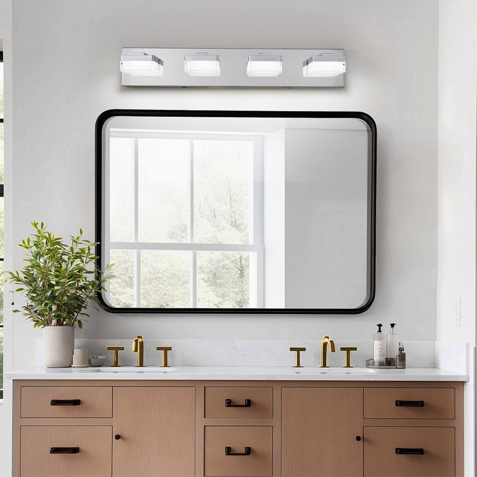 Left. HOMLUX - 24.8 in. 4 Lights Chrome LED Vanity Light Bar with Acrylic Shade.