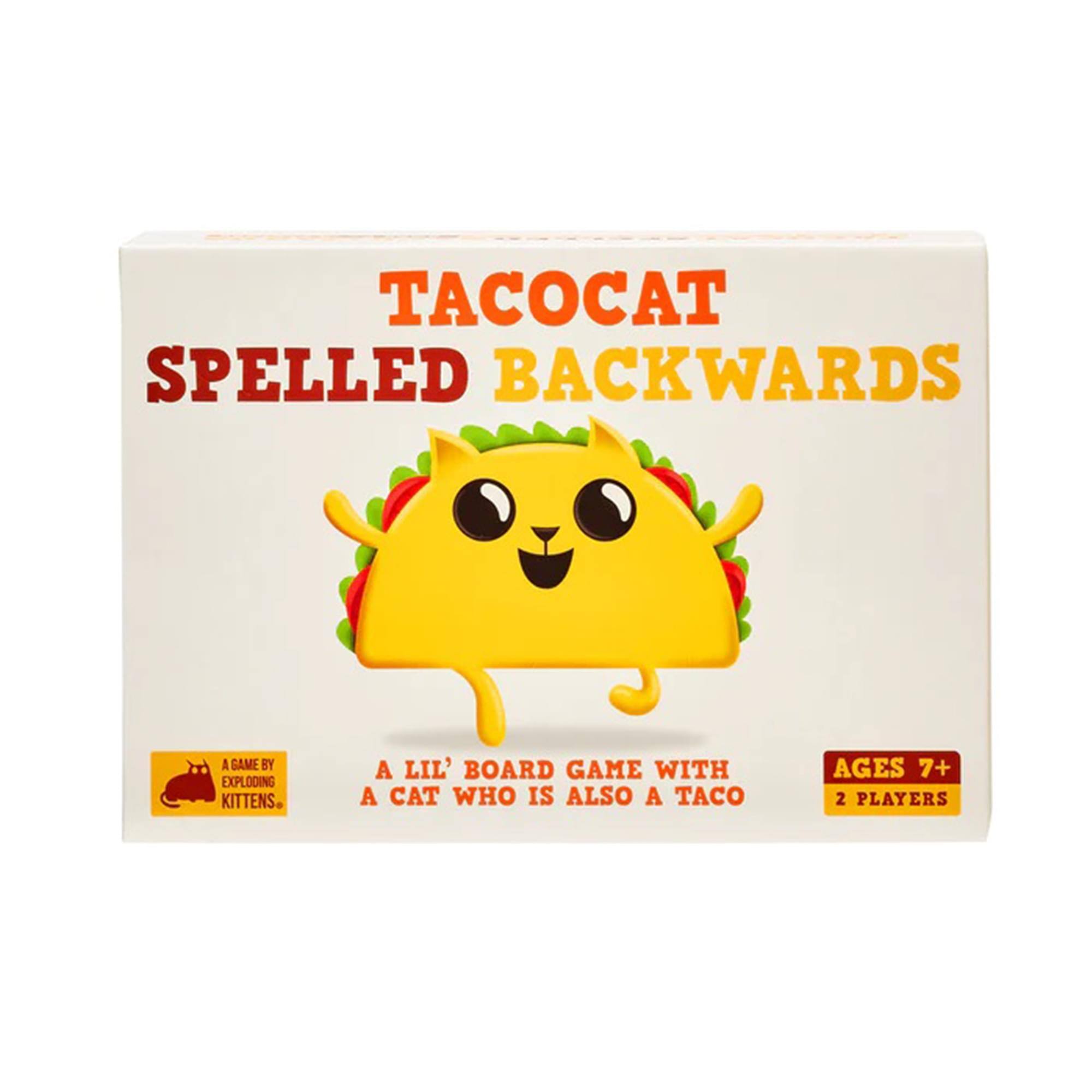 TACOCAT SPELLED BACKWARDS  
A GAME BY EXPLODING KITTENS  
A LIL' BOARD GAME WITH A CAT WHO IS ALSO A TACO  
AGES 7+  
2 PLAYERS