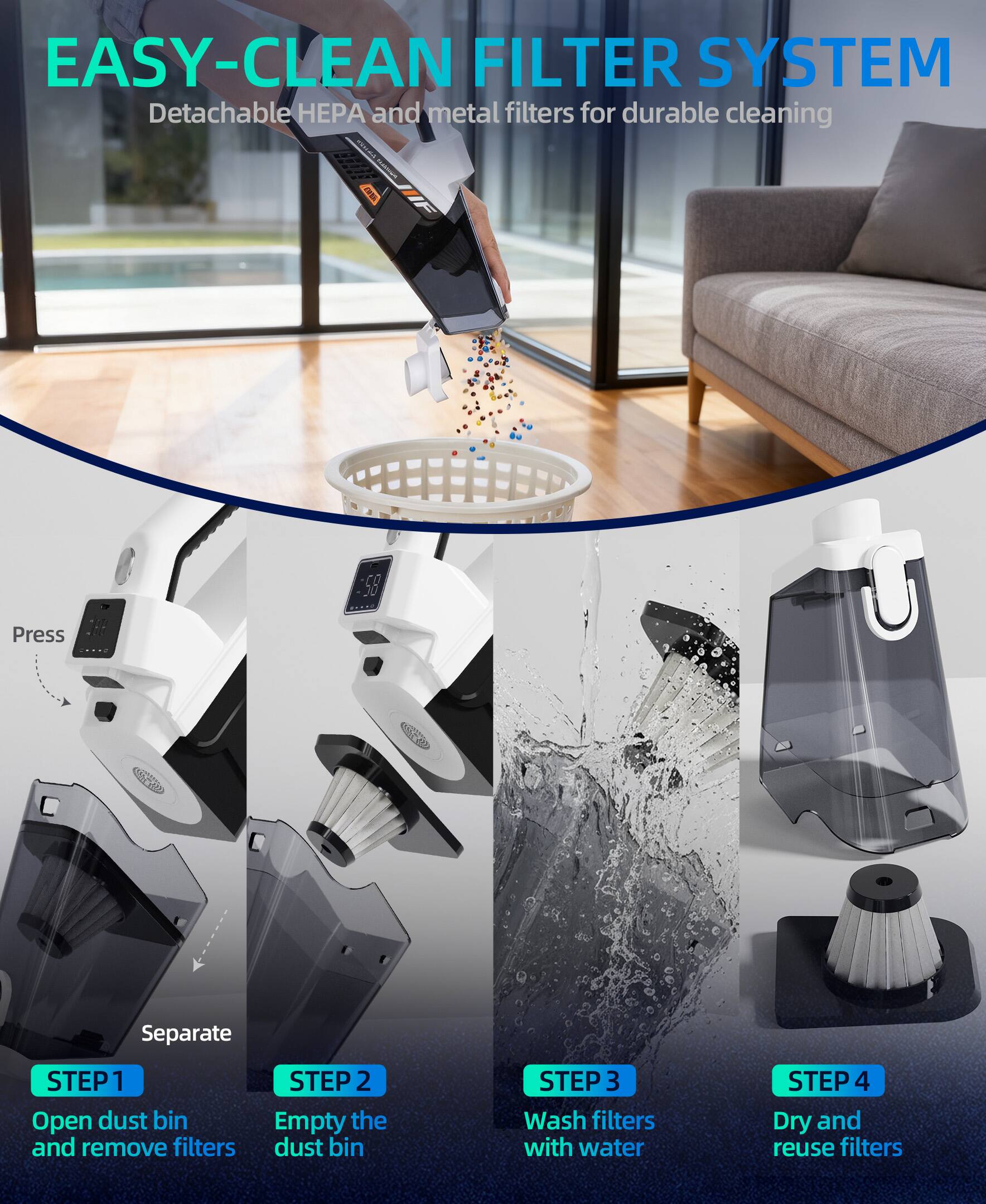 EASY-CLEAN FILTER SYSTEM  
Detachable HEPA and metal filters for durable cleaning  

STEP 1  
Open dust bin and remove filters  

STEP 2  
Empty the dust bin  

STEP 3  
Wash filters with water  

STEP 4  
Dry and reuse filters