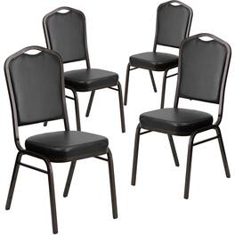Emma + Oliver - 4 Pack Crown Back Stacking Banquet Chair - Black Vinyl/Gold Vein Frame