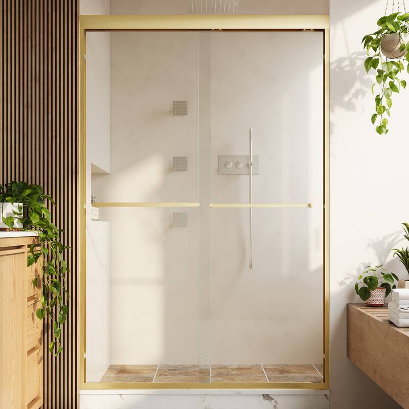 Alt View 8. WELLFOR - 44-48 in W x 72 in H Framed Shower Door with Double Sliding & Stainless Steel Towel Bar Handle, 1/4" Tempered Glass - Brushed Gold.
