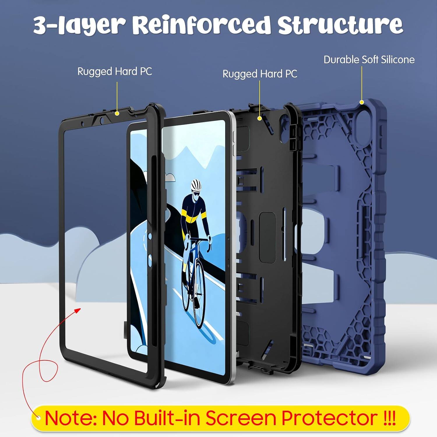3-layer Reinforced Structure  
Rugged Hard PC  
Rugged Hard PC  
Durable Soft Silicone  
Note: No Built-in Screen Protector !!!