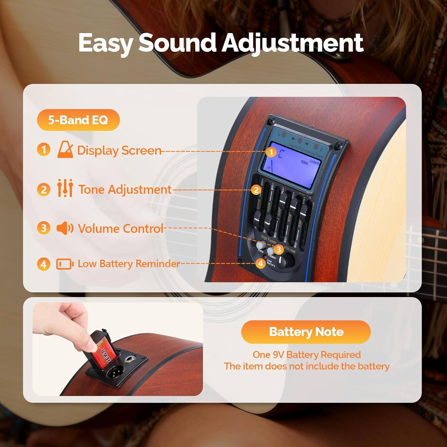 Easy Sound Adjustment

5-Band EQ

1. Display Screen
2. Tone Adjustment
3. Volume Control
4. Low Battery Reminder

Battery Note
One 9V Battery Required
The item does not include the battery