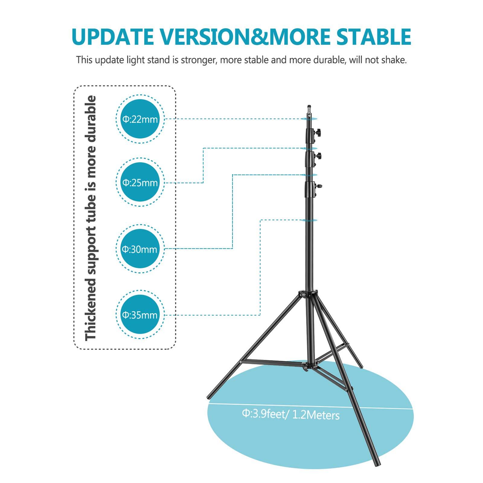 UPDATE VERSION & MORE STABLE

This update light stand is stronger, more stable and more durable, will not shake.

Thickened support tube is more durable:
- 22mm
- 25mm
- 30mm
- 35mm

Height: 3.9 feet / 1.2 Meters