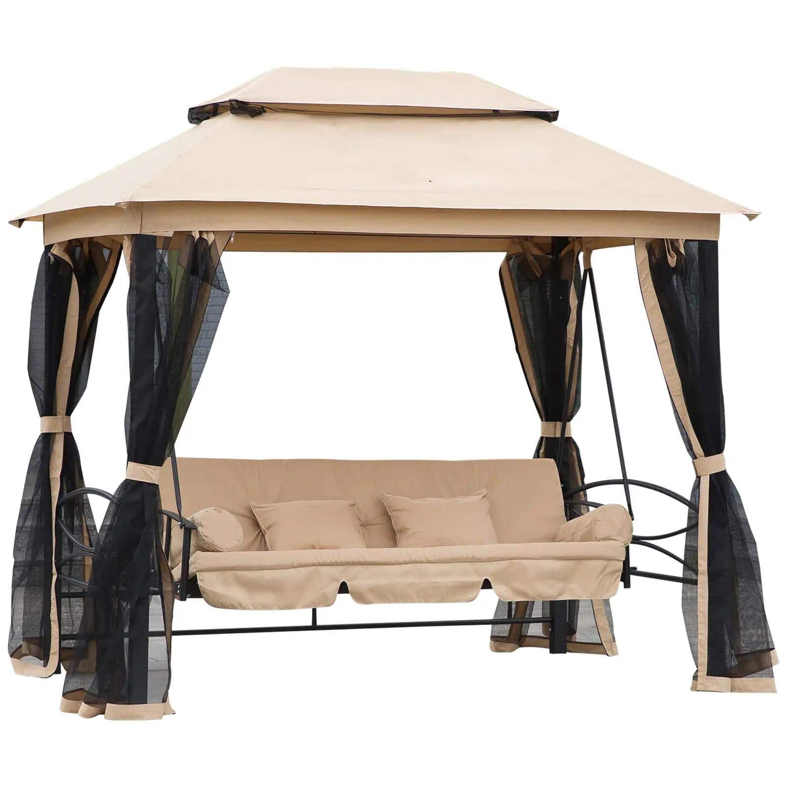 Resenkos - 3-Seat Swing Set, Outdoor Gazebo With Double Canopy, Mesh Walls, Comfortable Seat & Pillows, Beige
