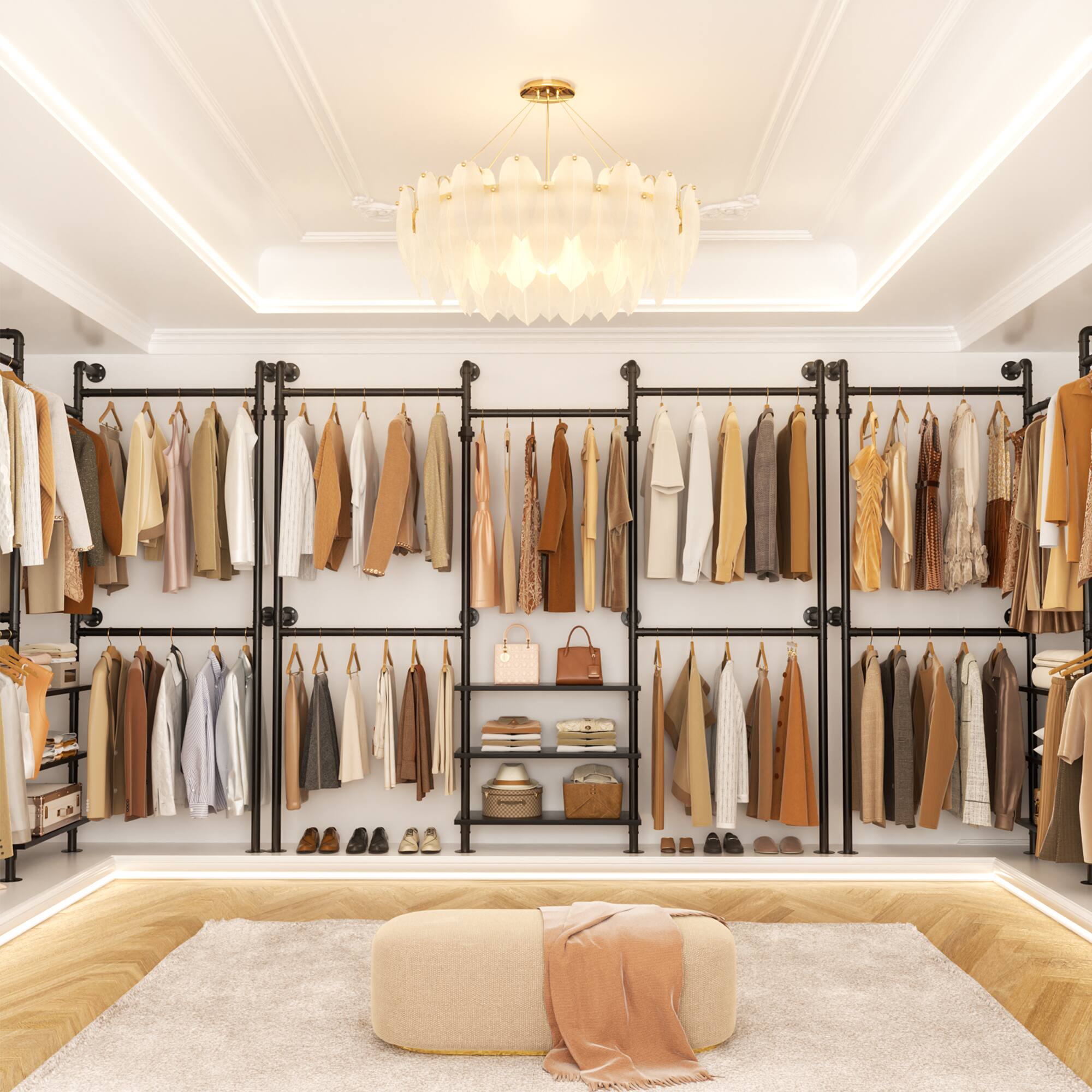 Back. Aheaplus - Adjustable Wall-Mounted Metal Clothing Rack: 3-Tier Wood Shelves, 84"-128", 1000LB Capacity - Black.