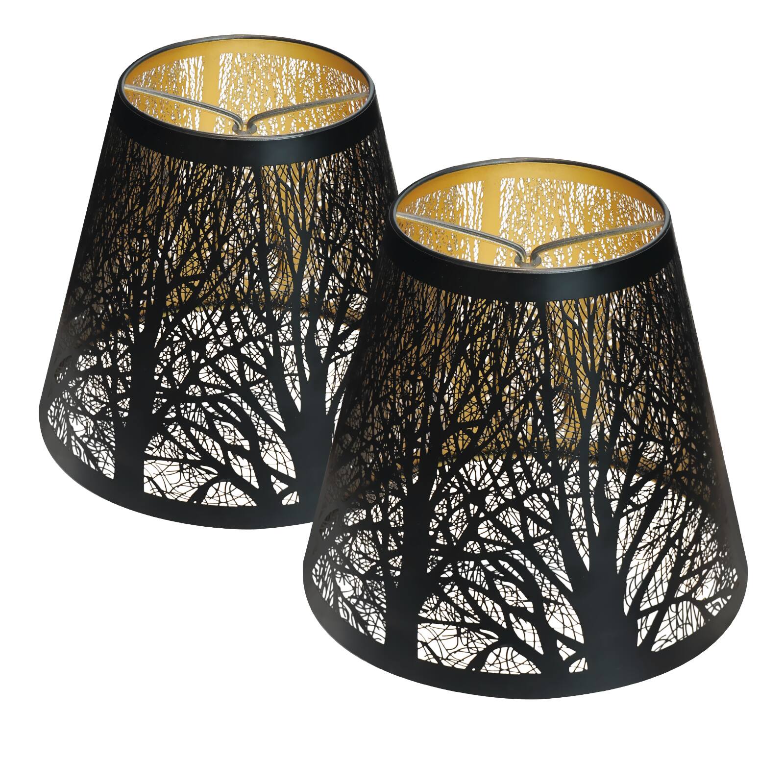 Front. Alucset - Small Metal Lamp Shades Set of 2 Clip On Bulb for Table Chandeliers Wall Desk Lamp, Black Exterior and Gold Interior - Black & Gold.