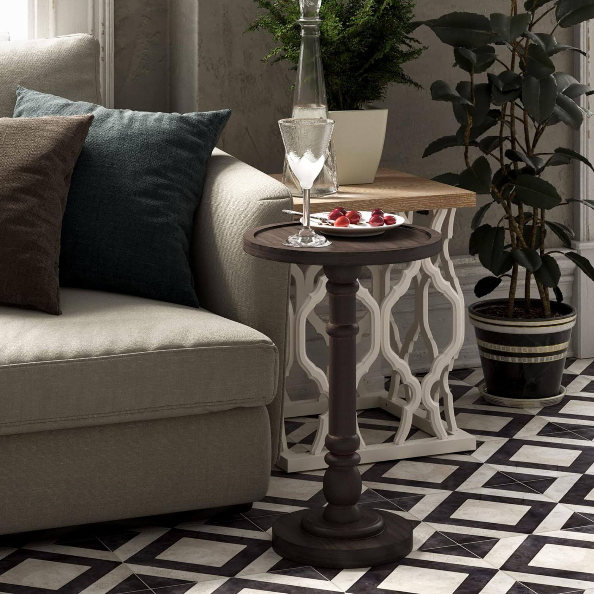 Alt View 5. COZAYH - COZAYH Pedestal Tray Top End Table for Drink, Lamp, Plant, Dark Brown, Set of 2 - Dark Brown.