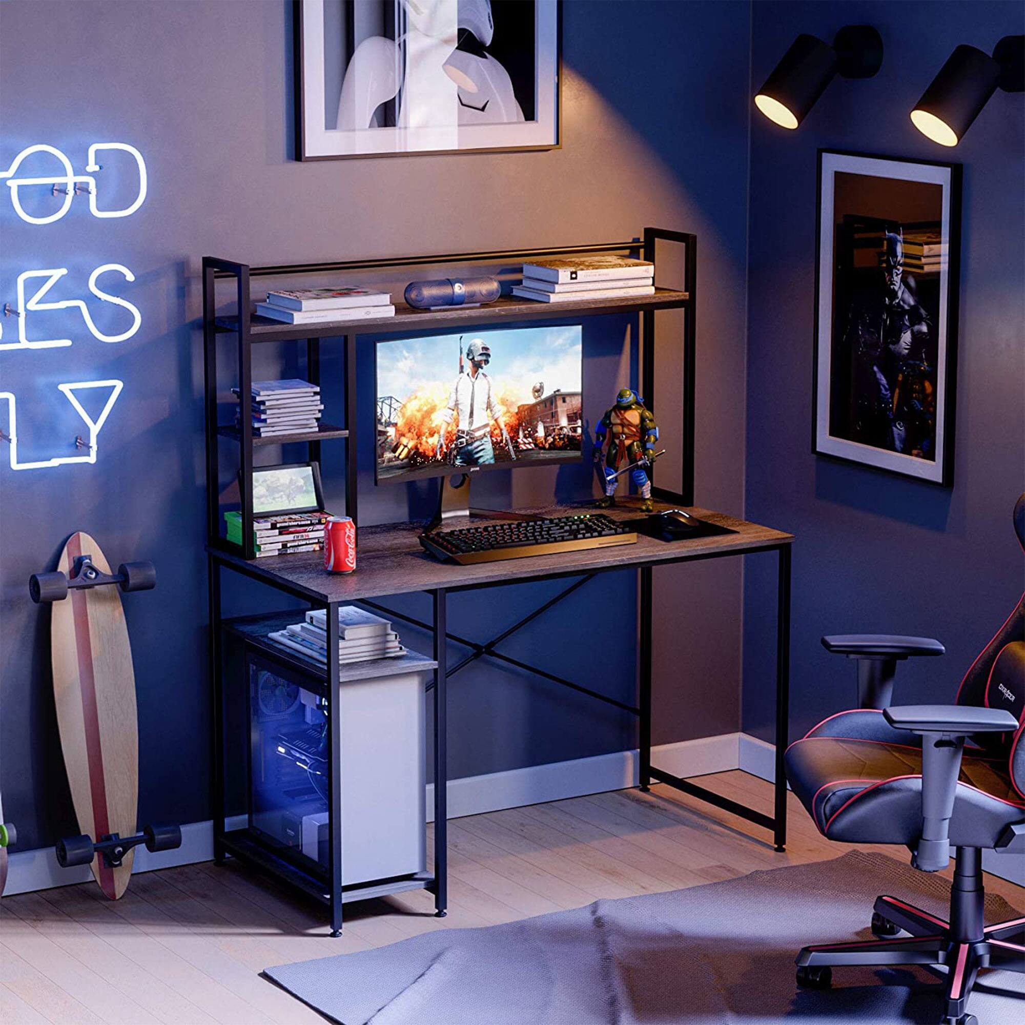 Alt View 1. Nostalgia - Nost & Host 47.2 Inch Modern Home Office Study Desk with 2 Tier Shelves, Gray - Grey.