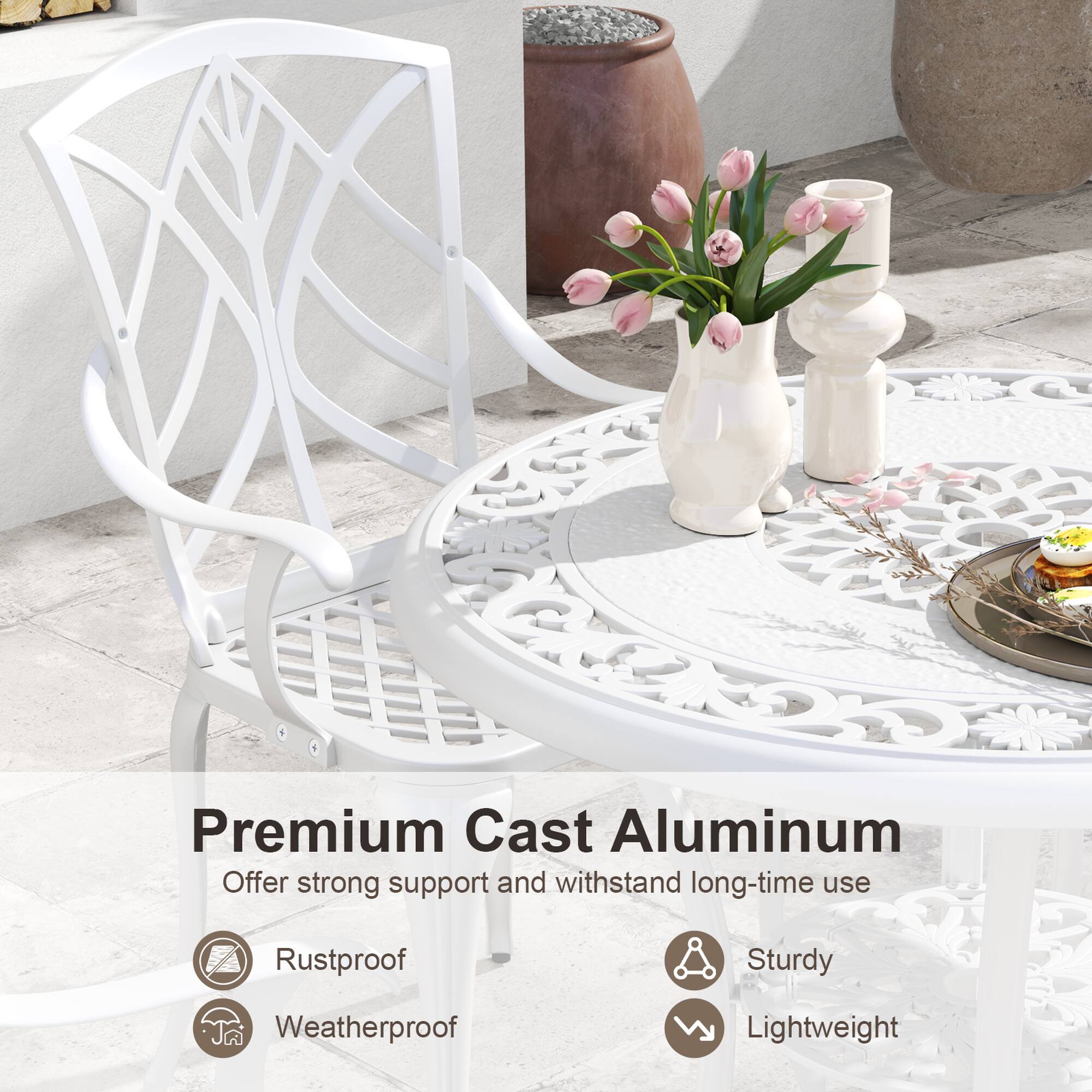 Premium Cast Aluminum  
Offer strong support and withstand long-time use  

- Rustproof  
- Weatherproof  
- Sturdy  
- Lightweight