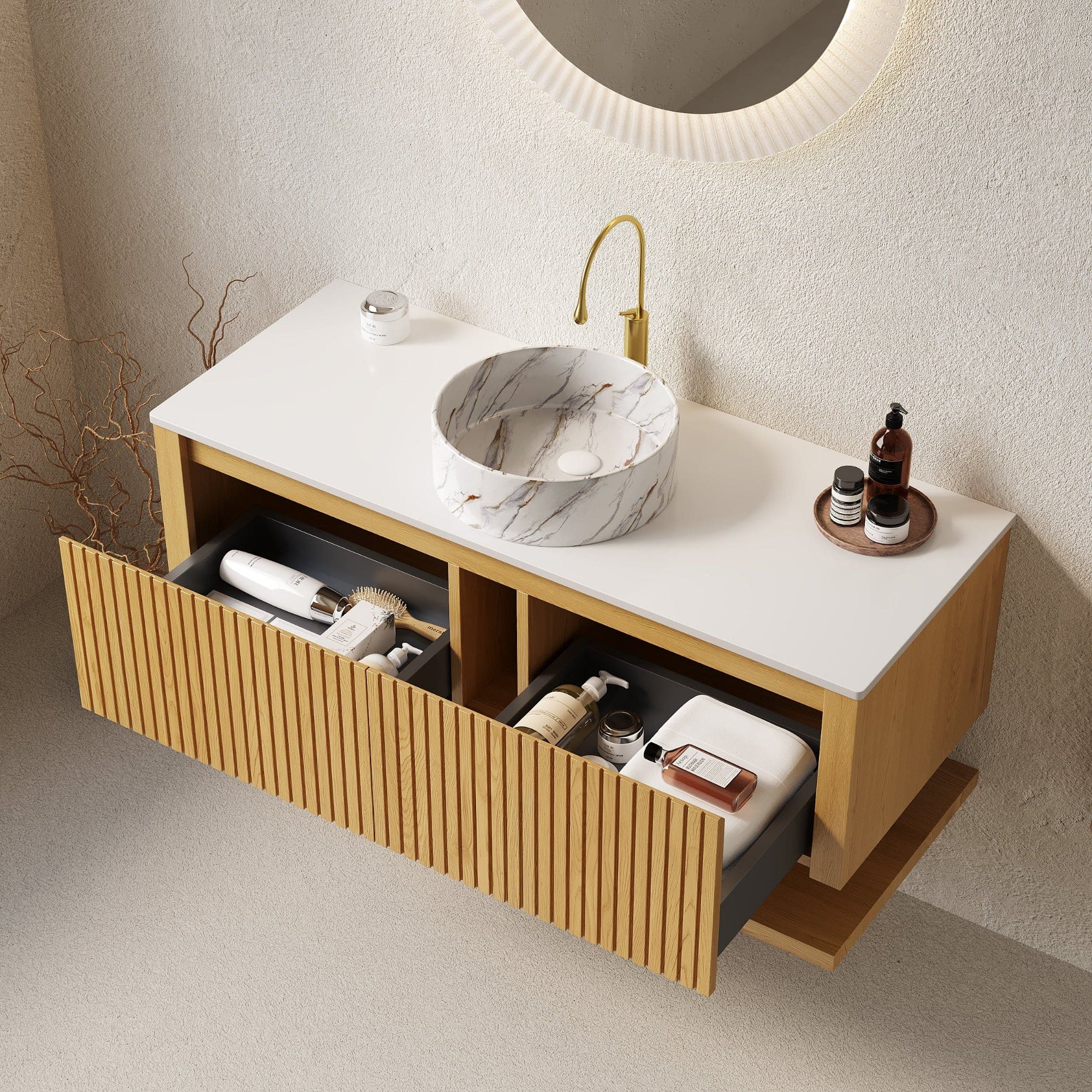 Boyel Living - 48 Wall Mounted Plywood Bathroom Storage Cabinet, No Basin, Corolla - Oak