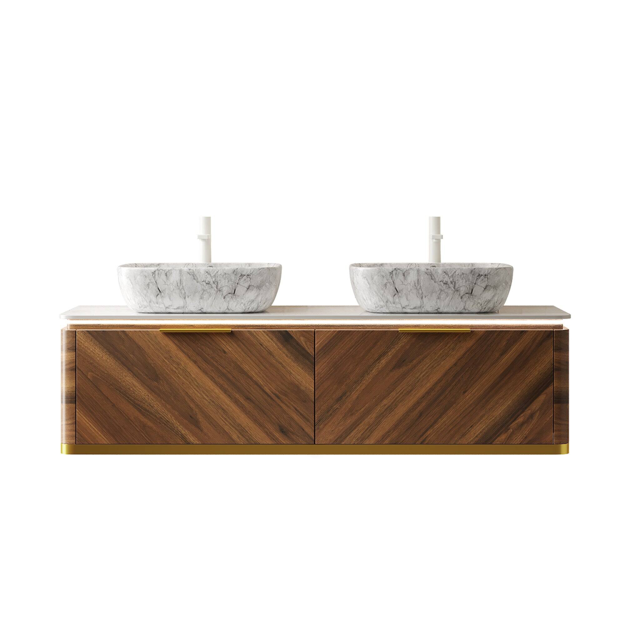 Alt View 4. Boyel Living - 60 Bathroom Vanity with 2 Drawers Sensor Light 2 Marble Pattern Ceramic Vessel Basins Sintered Stone Dark Walnut - Carrara White,Dark Walnut,Stone White.