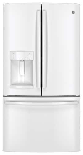 Front. GE - 27.7 Cu. Ft. French Door Refrigerator with Thru-the-Door Ice and Water - High-Gloss White.