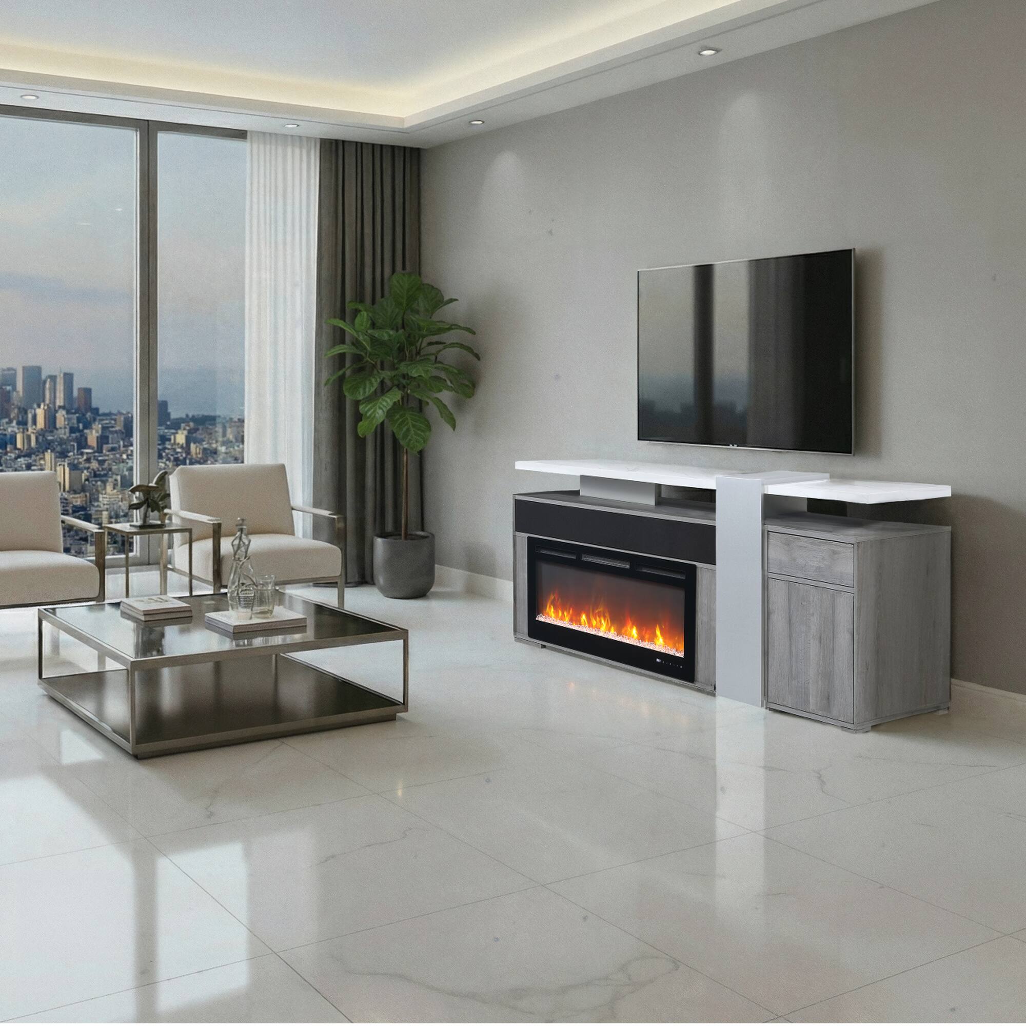 Alt View 3. Boyel Living - 76-in Gray Electric Fireplace Entertainment Center with Bluetooth Speaker and Remote Control - Grey.
