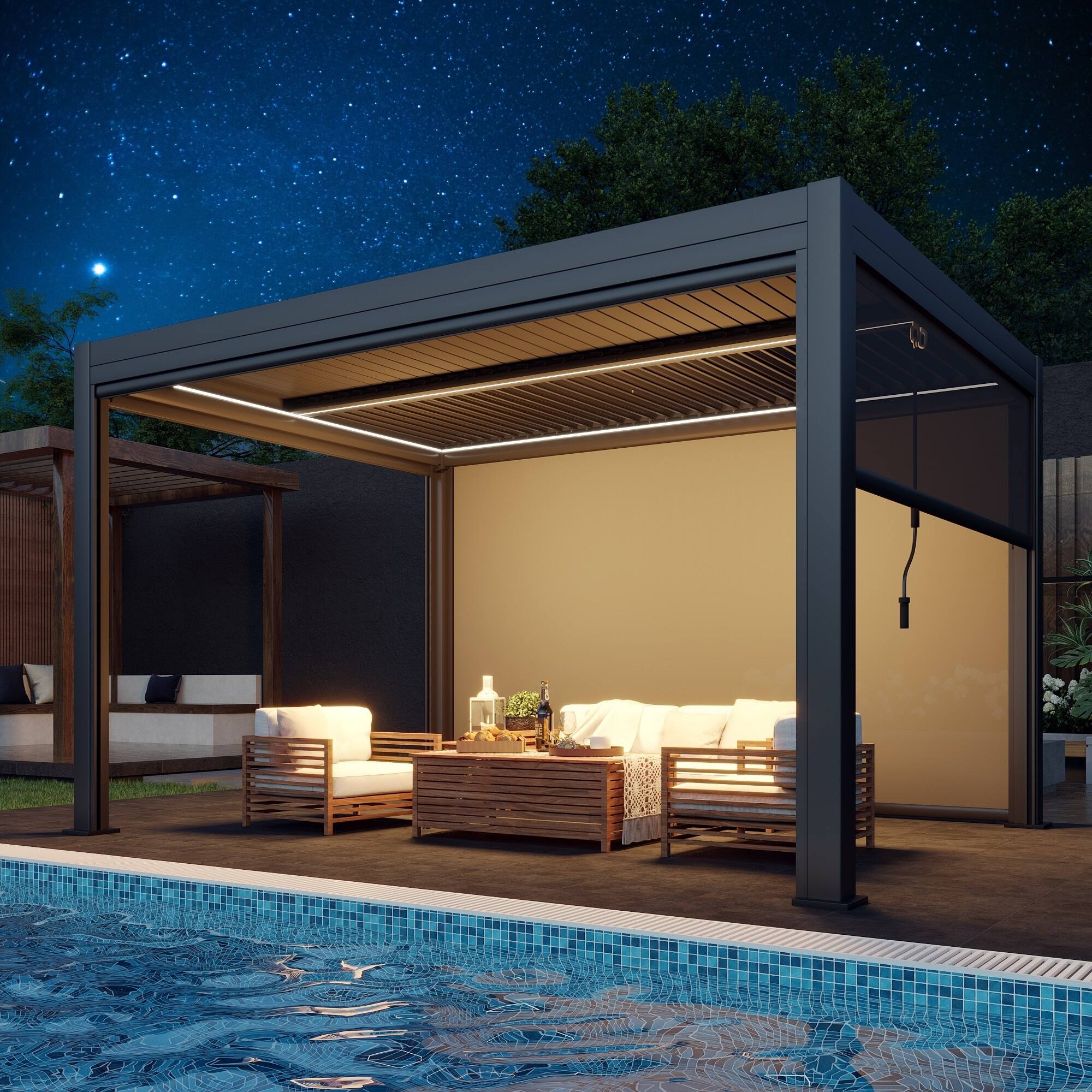 Angle. U-HOMY - 10'x13' Outdoor Aluminum Louvered Pergola Gazebo with Adjustable Rainproof Roof and Pull-Down Privacy Screen - Dark Grey.