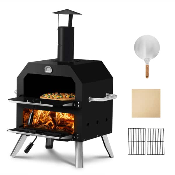 COWLOWN - 12-Inch Automatic Rotating Pizza Oven with Foldable Legs Built-in Thermometer Portable Carbon Grill - Black