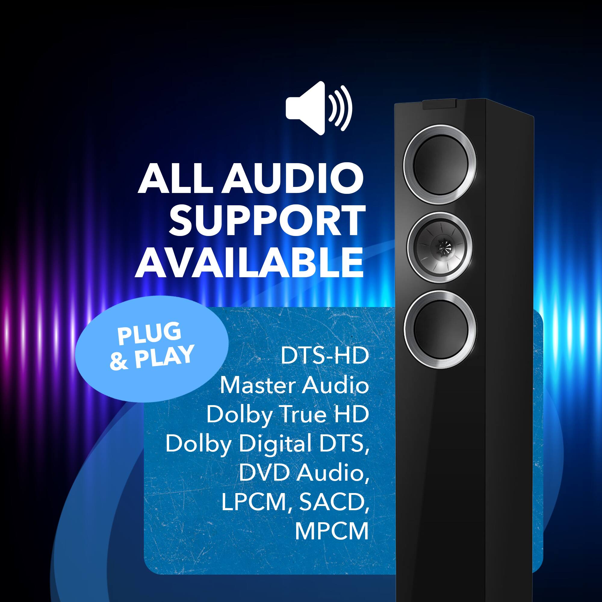 ALL AUDIO SUPPORT AVAILABLE PLUG & PLAY DTS-HD Master Audio Dolby True HD Dolby Digital DTS, DVD Audio, LPCM, SACD, MPCM