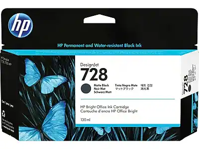 HP Permanent and Water-resistant Black Ink
DesignJet 728
Motte Block
Tinta Negra Mate
Noir Mat
Schwarz Matt
HP Bright Office Ink Cartridge
Cartouche d'encre HP Office Bright
130 ml