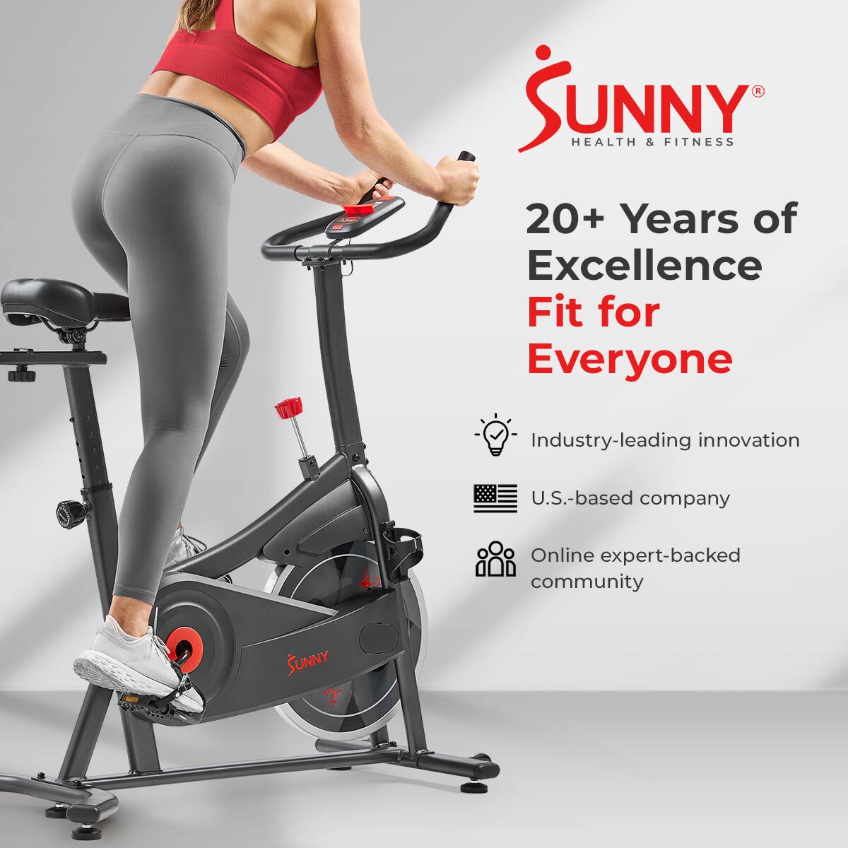 SUNNY HEALTH & FITNESS, 20+ Years of Excellence, Fit for Everyone, Industry-leading innovation, U.S.-based company, Online expert-backed community, SUNNY s
